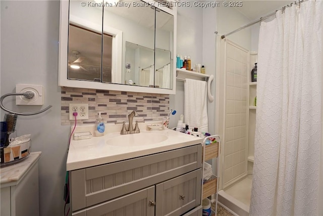 1009 Midway Dr, Dunbar, WV 25064 - bathroom with decorative backsplash, vanity, and curtained shower