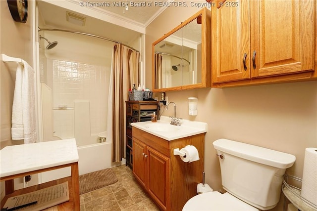 1009 Midway Dr, Dunbar, WV 25064 - bathroom featuring vanity, shower / bath combination with curtain, and ornamental molding