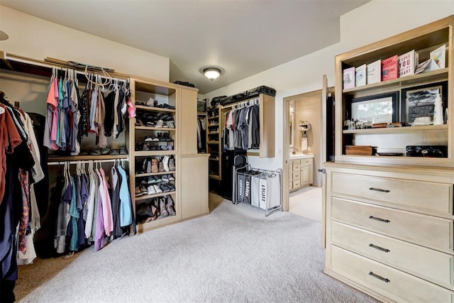 walk in closet featuring light colored carpet