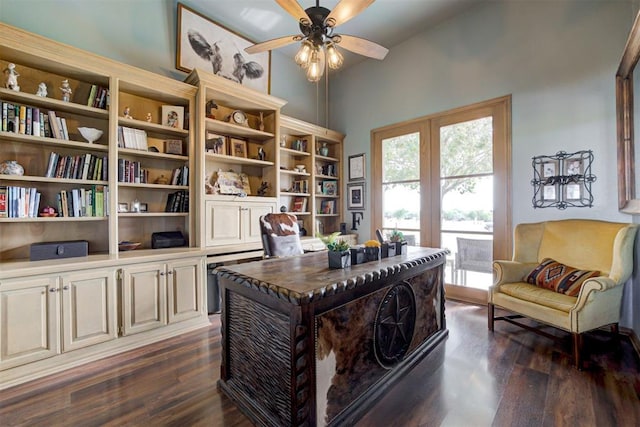 office with vaulted ceiling, ceiling fan, and dark hardwood / wood-style floors