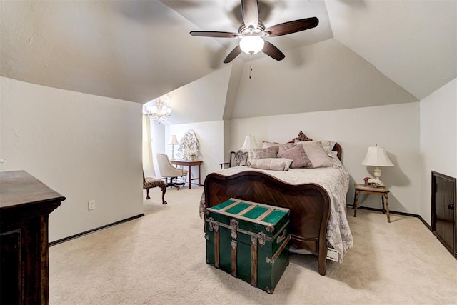 bedroom featuring carpet floors, ceiling fan with notable chandelier, and lofted ceiling