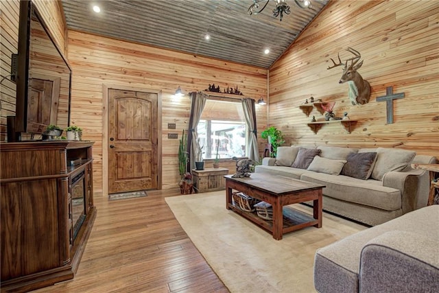 304 W Oak St, Canton, OK 73724 - living area featuring wooden walls, high vaulted ceiling, recessed lighting, light wood-type flooring, and wooden ceiling