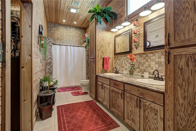 bathroom featuring curtained shower, tile patterned flooring, toilet, vanity, and wood ceiling