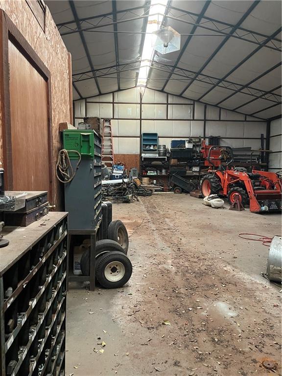 garage with a workshop area