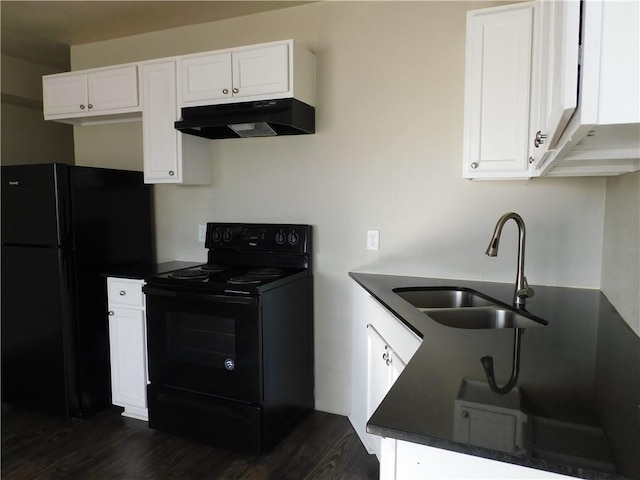 kitchen with dark hardwood / wood-style flooring, sink, white cabinets, and black appliances