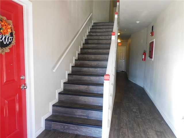 staircase with hardwood / wood-style floors