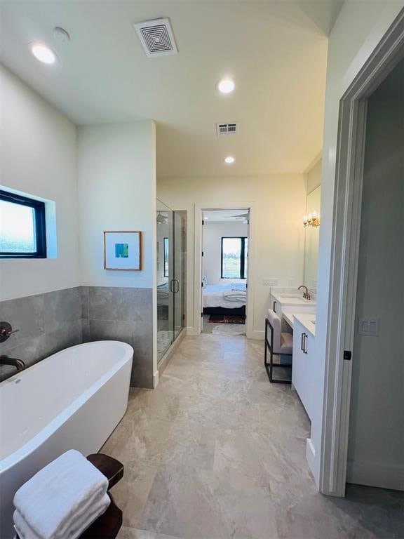 bathroom featuring vanity and separate shower and tub