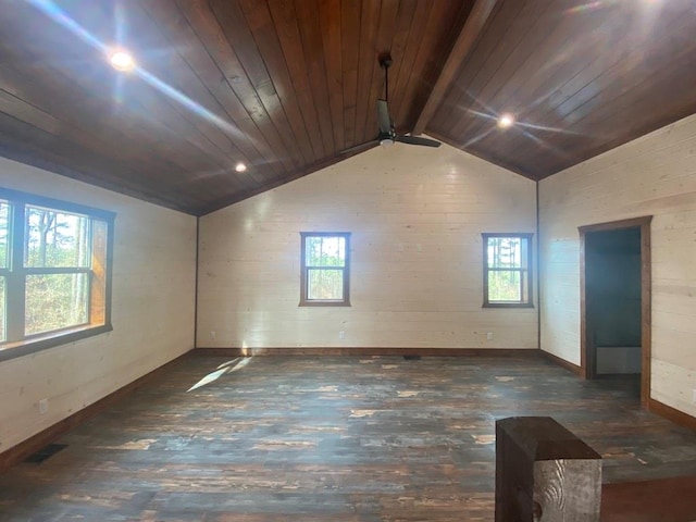 unfurnished room featuring plenty of natural light, lofted ceiling with beams, wood ceiling, and dark wood-type flooring