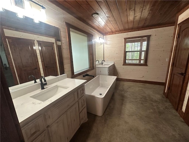 bathroom with wood walls, concrete floors, vanity, and wooden ceiling