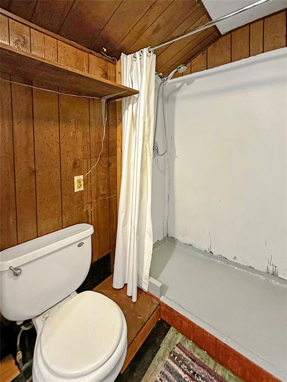 bathroom with wooden walls, toilet, vaulted ceiling, and a shower with shower curtain