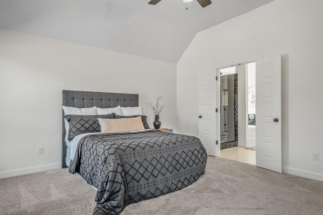 carpeted bedroom with ceiling fan and lofted ceiling