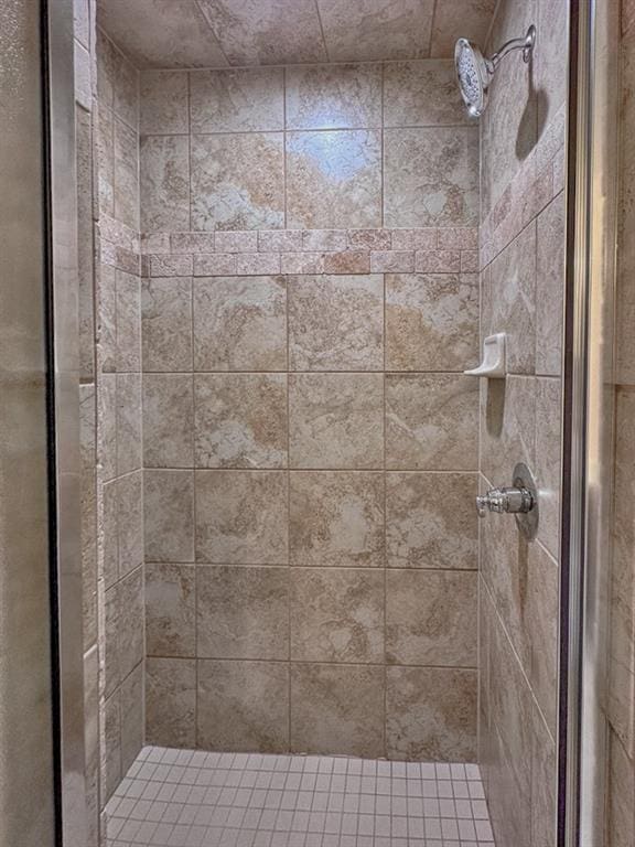 bathroom with a shower with door