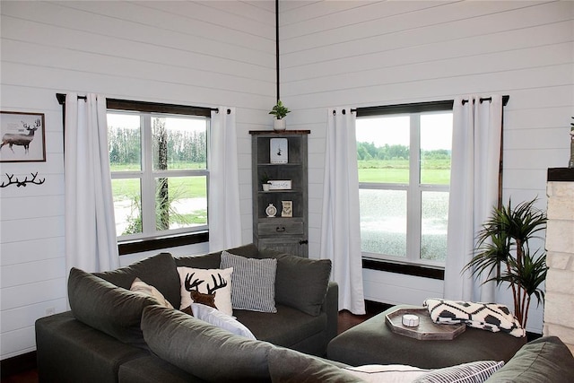 living room featuring plenty of natural light, dark hardwood / wood-style floors, and wooden walls