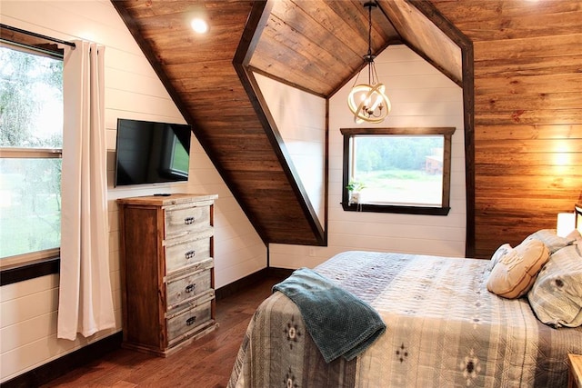 unfurnished bedroom featuring dark hardwood / wood-style floors, a notable chandelier, lofted ceiling, wooden walls, and wood ceiling