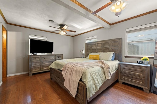 bedroom with ceiling fan, dark hardwood / wood-style flooring, and ornamental molding