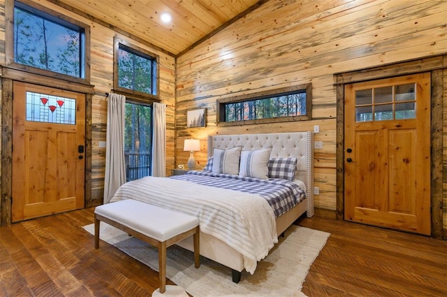 bedroom featuring wood ceiling, wooden walls, hardwood / wood-style flooring, and access to outside