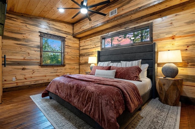 bedroom with wood ceiling, wooden walls, dark hardwood / wood-style floors, and ceiling fan