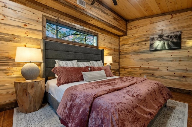 bedroom featuring wood-type flooring, wooden ceiling, and wood walls