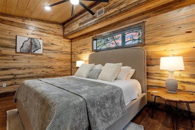 bedroom with wooden ceiling, ceiling fan, and wood walls