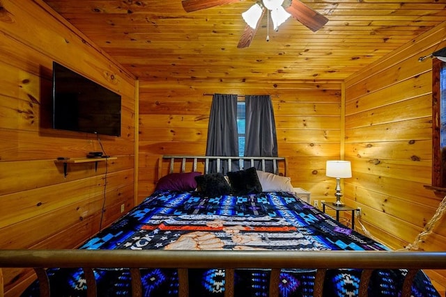 bedroom featuring ceiling fan, wood ceiling, and wood walls