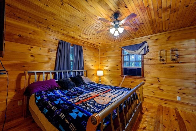 bedroom with ceiling fan, wood walls, wood-type flooring, and wood ceiling