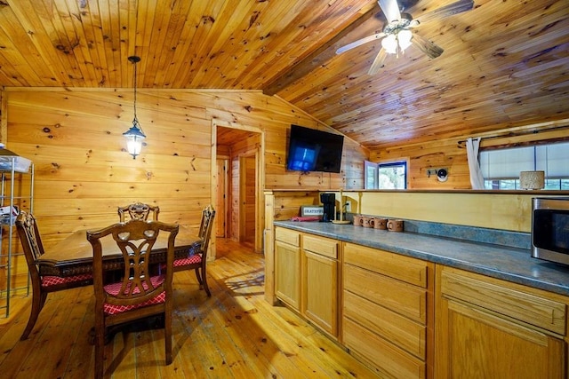 kitchen featuring light wood-type flooring, light brown cabinets, wooden ceiling, lofted ceiling, and wood walls