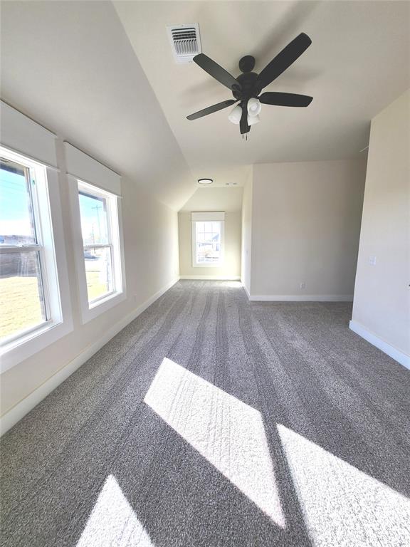 interior space with carpet, ceiling fan, a healthy amount of sunlight, and vaulted ceiling