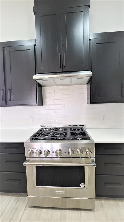 kitchen with decorative backsplash, light wood-type flooring, and double oven range