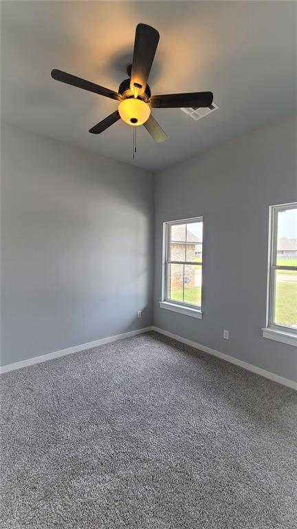 empty room featuring carpet flooring, ceiling fan, and plenty of natural light