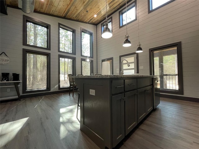 kitchen featuring wood ceiling, a center island with sink, high vaulted ceiling, and hanging light fixtures