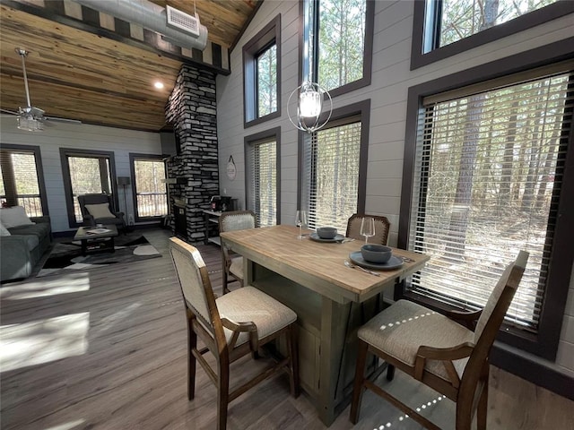 dining area with hardwood / wood-style floors, high vaulted ceiling, ceiling fan, and wood ceiling