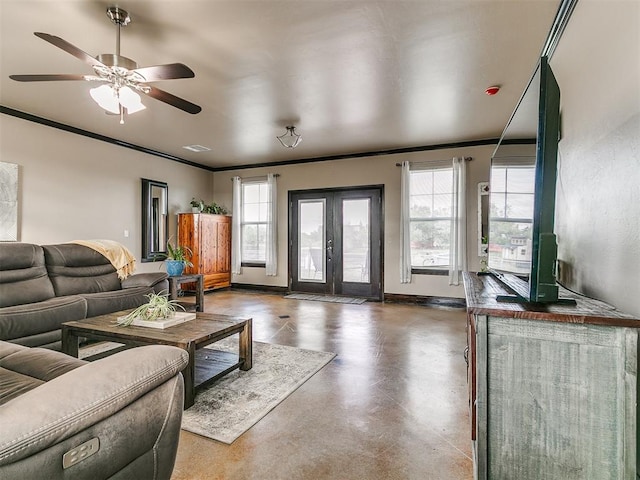 living room with ceiling fan, french doors, and ornamental molding