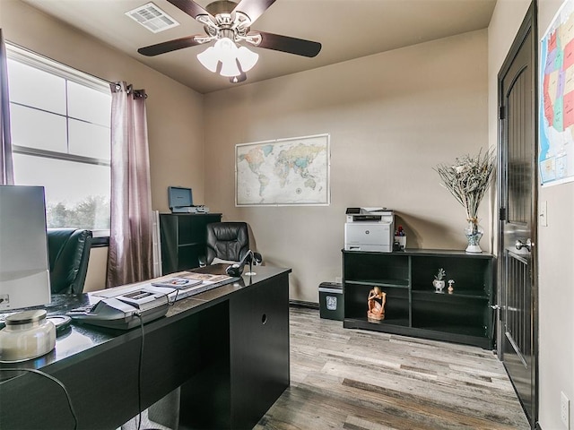 office featuring ceiling fan and light hardwood / wood-style flooring