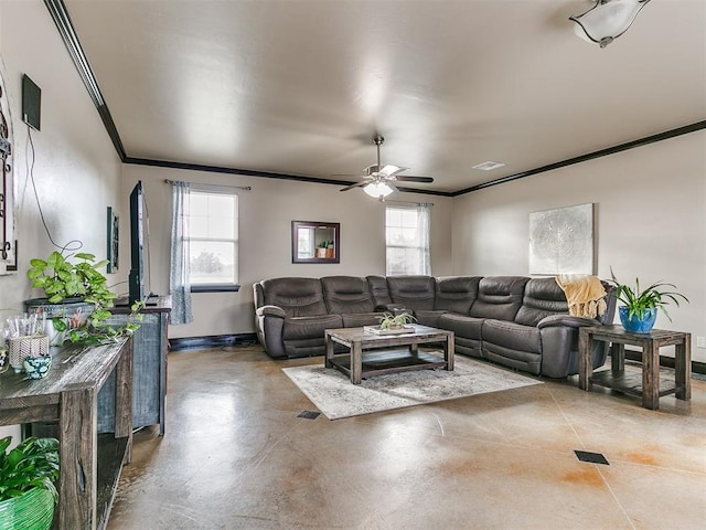 living room with a wealth of natural light, ornamental molding, and ceiling fan