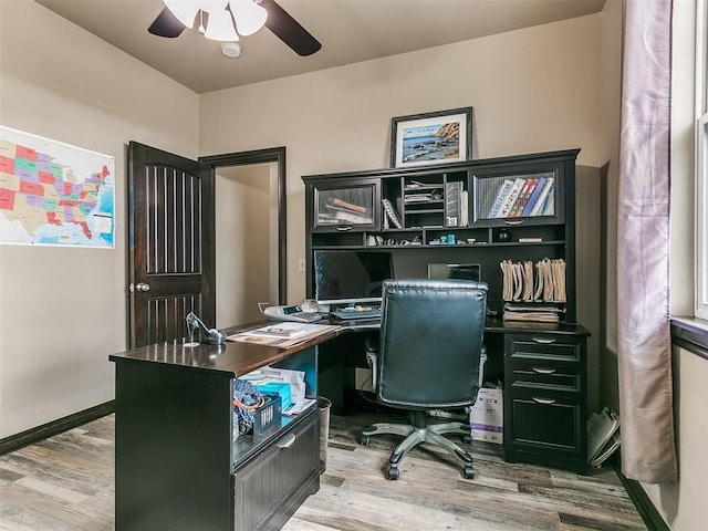 office area featuring ceiling fan and light wood-type flooring