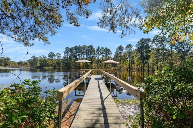 view of dock with a water view