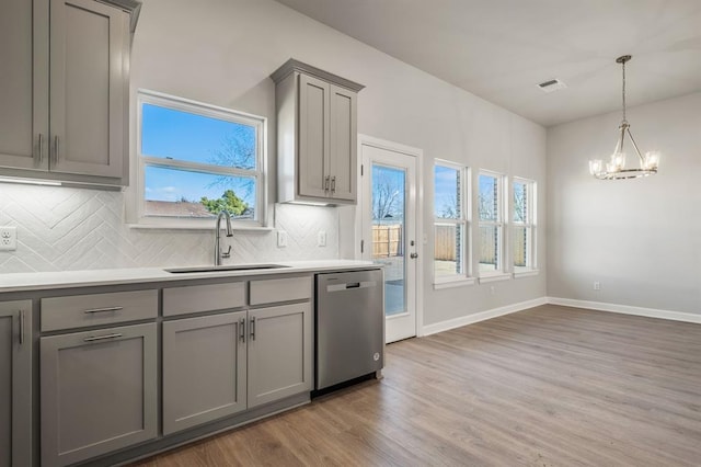 kitchen with gray cabinets, dishwasher, a healthy amount of sunlight, and sink