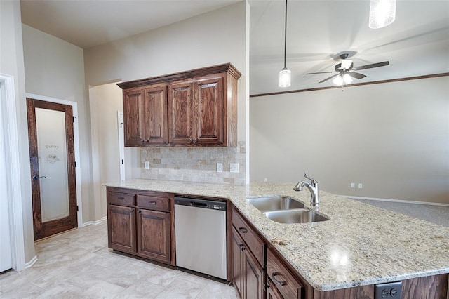 kitchen featuring backsplash, sink, stainless steel dishwasher, light stone counters, and kitchen peninsula