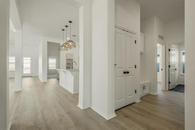 corridor featuring light wood-type flooring and sink