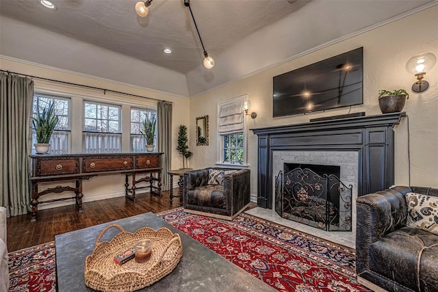 living room featuring a fireplace with flush hearth, wood finished floors, vaulted ceiling, and a textured wall