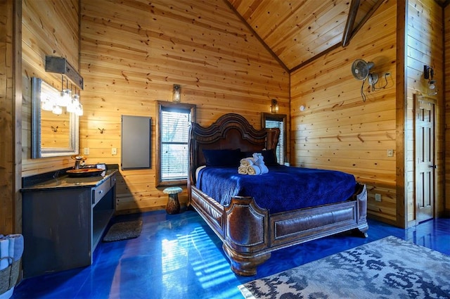 bedroom featuring wood walls, wood ceiling, and high vaulted ceiling