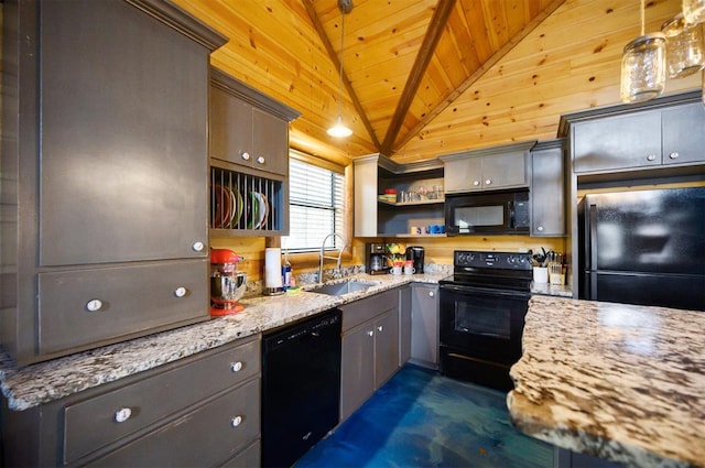 kitchen featuring light stone countertops, wood ceiling, sink, black appliances, and hanging light fixtures