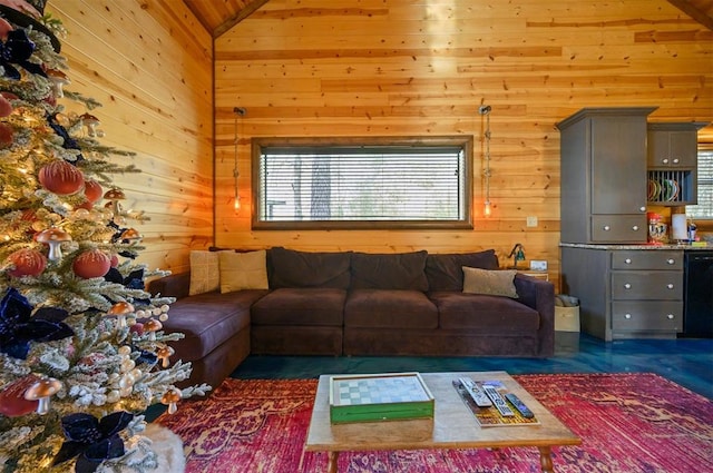 living room with vaulted ceiling, wood ceiling, and wood walls