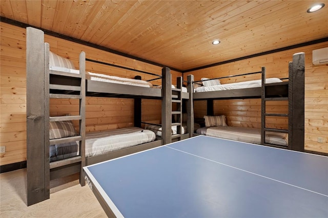 unfurnished bedroom featuring a wall mounted AC, wooden walls, and wood ceiling