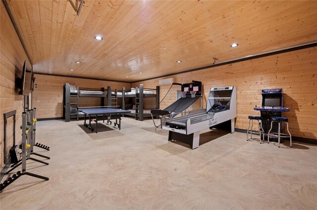 game room with wood walls, wood ceiling, and pool table