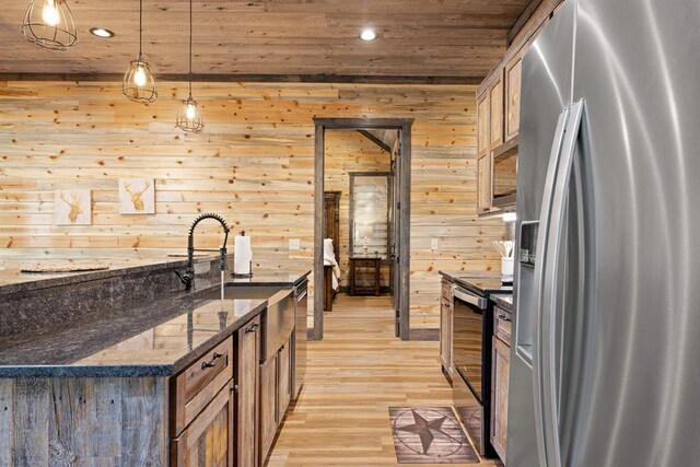 kitchen with pendant lighting, dark stone countertops, wooden ceiling, and appliances with stainless steel finishes