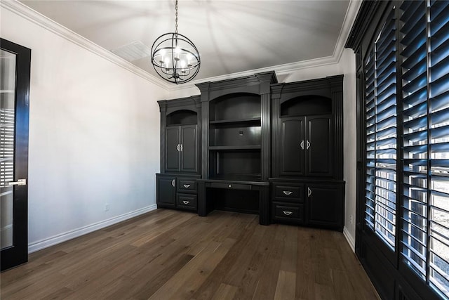 5900 N Choctaw Rd, Choctaw, OK 73020 - unfurnished dining area with a chandelier, ornamental molding, and dark wood finished floors
