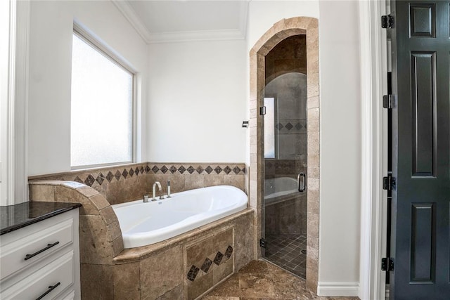 5900 N Choctaw Rd, Choctaw, OK 73020 - full bath with a garden tub, crown molding, a shower stall, and vanity