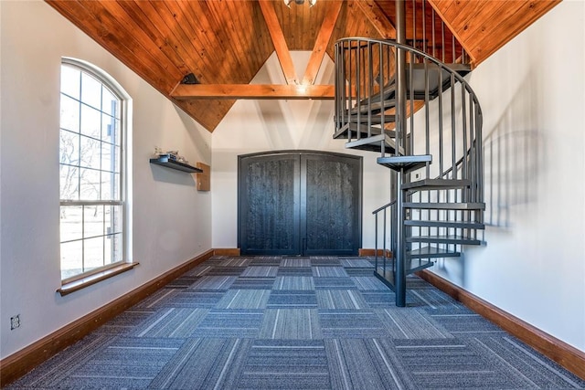 5900 N Choctaw Rd, Choctaw, OK 73020 - foyer featuring a wooden ceiling with exposed beams, dark colored carpet, stairway, and high vaulted ceiling
