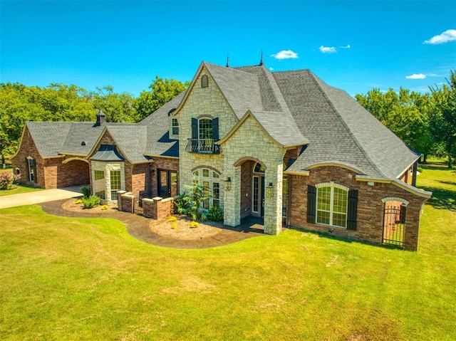 5900 N Choctaw Rd, Choctaw, OK 73020 - french provincial home with stone siding, a front yard, and roof with shingles